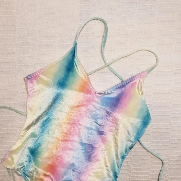2/$25-Quintsoul S NWOT One Piece Unicorn Rainbow Colorful Velour Deep V Lace Up - Picture 6 of 14